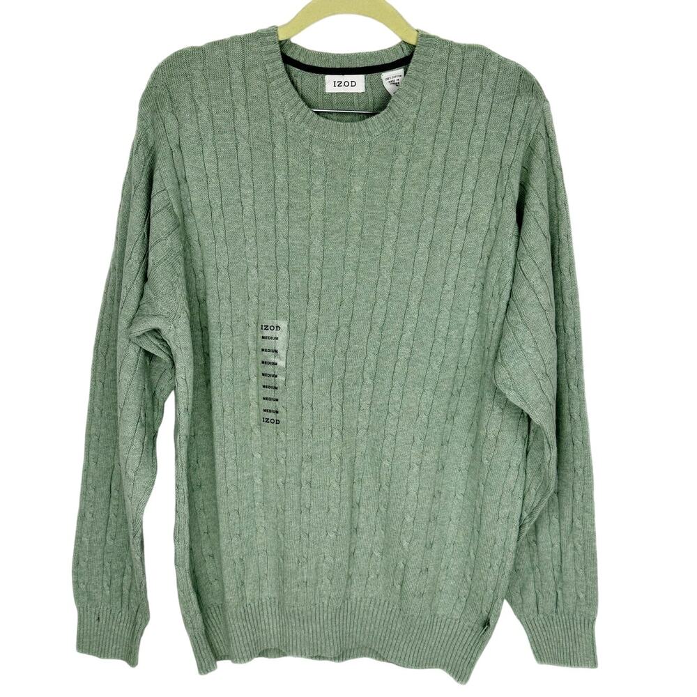 New Izod Sage Green Cable Knit Minimalistic Cotton Soft Crew Neck Sweater Medium